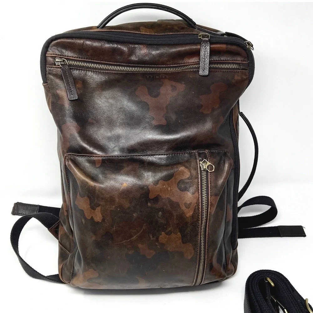 Fossil Buckner Leather Convertible Backpack Camo Brown Bag Office Monogram WDD